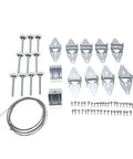 10-Piece Garage Door Hardware Kit With 2-In White Nylon Rollers And Hinges For Quiet, Smooth Operation And Reduced Noise, Durable Nylon Wheels, Nylon-Coated Steel Shaft, Easy Installation, Compatible With Most Residential Doors. Kit parts laid out on white background