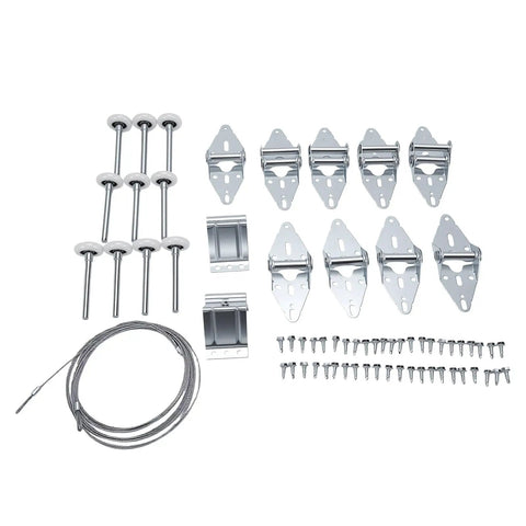 10-Piece Garage Door Hardware Kit With 2-In White Nylon Rollers And Hinges For Quiet, Smooth Operation And Reduced Noise, Durable Nylon Wheels, Nylon-Coated Steel Shaft, Easy Installation, Compatible With Most Residential Doors. Kit parts laid out on white background