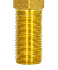 Close-up of Heavy Duty Brass Washing Machine Shut Off Valve with Blue Quarter Turn Handle For Cold Water Lines Half Inch Mip To Three Quarter Mht Outlet Box No Sweat Install.