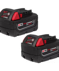 Two M18 RedLithium XC High Capacity 5.0Ah Extended Battery Packs for cordless tools, black with red accents.