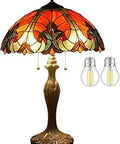 Tiffany Style Red Liaison Stained Glass Table Lamp 16x16x24 Inches Antique Metal Base Bedside Desk Reading Light UL Listed