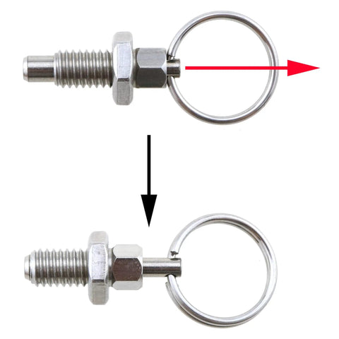 Heavy Duty M6 Stainless Steel Spring Indexing Plunger With Pull Ring Quick Release, showing pin deployment mechanism and robust build.