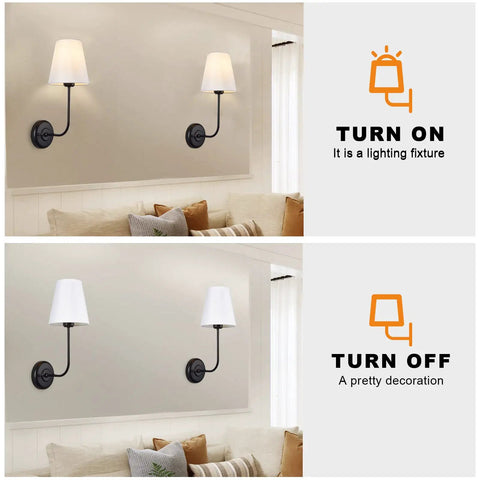 Hardwired Wall Sconces 2-Pack Vintage Industrial Lights With Flared White Fabric Shades For Dining Room Living Room Bedrooms Bedside Reading Farmhouse Style Easy Install No Bulbs Included