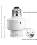 Dusk To Dawn Light Socket With Sensor And Timer, No Fuss E26 Indoor Outdoor Conversion dimensions and control features shown