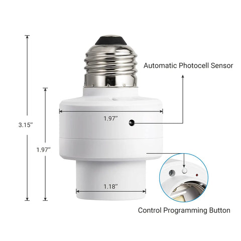 Dusk To Dawn Light Socket With Sensor And Timer, No Fuss E26 Indoor Outdoor Conversion dimensions and control features shown