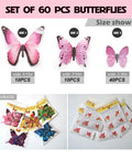 Set of 60 butterfly wall decals in pink shades, sizes 4.13", 3.14", 2.36", with packaging, Butterfly Wall Decals Set 80 Pcs 3D Removable Mural Stickers For Home Living Room And Bedroom Decor Mixed Styles A B C D Sizes 1.57 To 2.75 Inches Easy Peel And Stick Cool Wall Art Vibe.