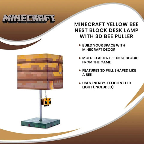 Pixelated Yellow Bee Nest Block Desk Lamp With 3D Bee Puller and LED Mood Light displayed on a surface.