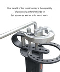 Close-up of Floor Type Compact Metal Bender with 38 Inch Stand showing die set for bending flat, square, and round stock.
