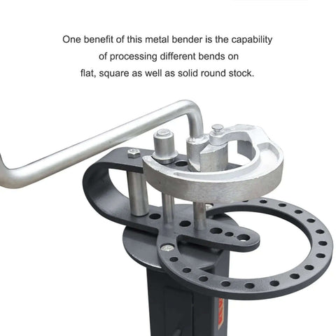 Close-up of Floor Type Compact Metal Bender with 38 Inch Stand showing die set for bending flat, square, and round stock.