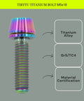 Front view of rainbow anodized titanium M5x18 bolt with tapered head hex socket and washers for bike stem.
