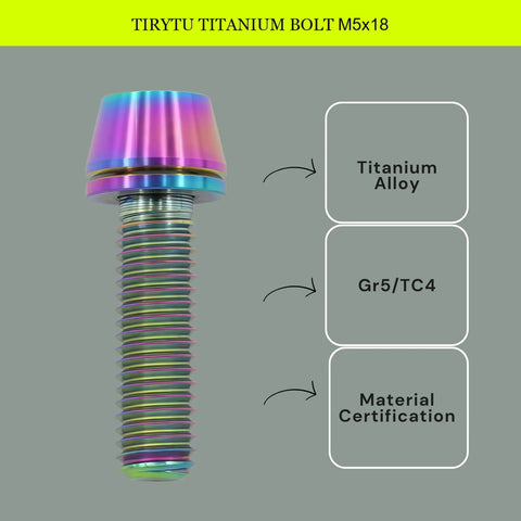 Front view of rainbow anodized titanium M5x18 bolt with tapered head hex socket and washers for bike stem.