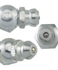 Close-up of 12 Pack Stainless Steel Grease Fittings Kit With 4 Straight, 4 90 Degree, And 4 45 Degree M8 Zerk Fittings