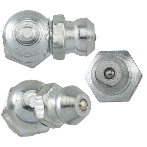 Close-up of 12 Pack Stainless Steel Grease Fittings Kit With 4 Straight, 4 90 Degree, And 4 45 Degree M8 Zerk Fittings