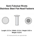 Top Shelf Stainless Steel Semi Tubular Rivets Featuring Flat Head Profile For Slick Sheet Metal Joining And Dead Solid Fastening Assembly Every Contractor Relies On, shown in three angles, detailed dimensions.