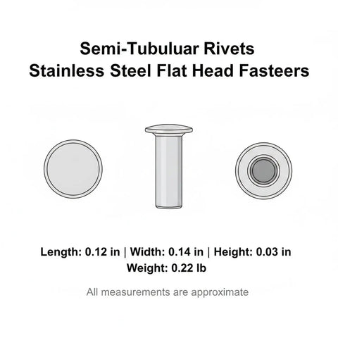 Top Shelf Stainless Steel Semi Tubular Rivets Featuring Flat Head Profile For Slick Sheet Metal Joining And Dead Solid Fastening Assembly Every Contractor Relies On, shown in three angles, detailed dimensions.