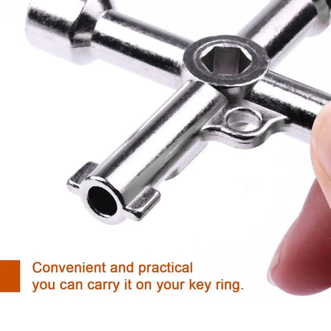 Close-up of zinc alloy four-way key from Ten Piece Electrical Cabinet Key Set With Rustproof Zinc Alloy Four Way Utility Keys Triangle Square And Panel Cross For Faucet Gas Meter Valve Spigots And Electrical Cabinet Access
