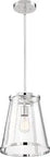 Bruge 1 Light Pendant Fixture in Polished Nickel With Clear Glass Shade hanging, perfect for modern kitchen island or living room.