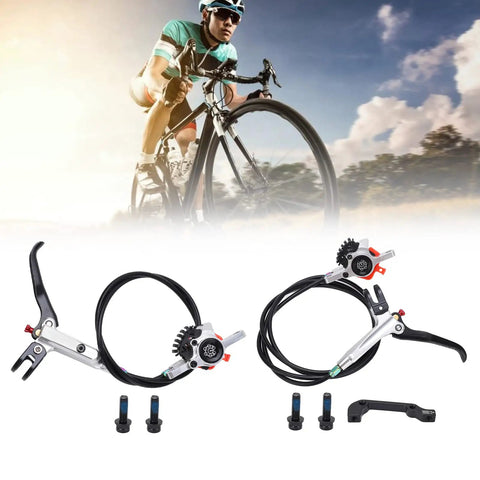 Upgrade Your Ride With This Badass Dual Piston Mechanical Disc Brake Set For Mountain And Road Bikes Cable Actuated Aluminum Alloy Calipers Front Rear Kit With Epic Grip Control Silver, showing levers and cables.