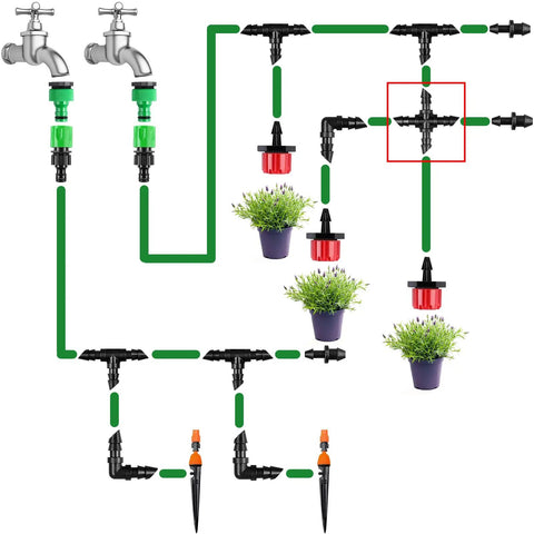 Diagram of 1/4 Inch Drip Irrigation Cross Fittings Barbed 4-Way Tee Connectors Kit For 1/4 Inch Tubing in garden system layout