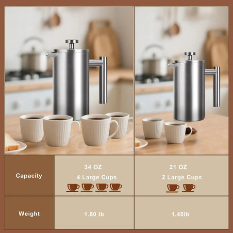 34 Oz Double Wall Stainless Steel French Press Coffee Maker With Insulated Brew System 1 Liter Capacity Serves 4 To 8 Cups
