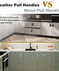 Comparison of leather pull handles vs metal pull handles on kitchen cabinets highlighting electrostatic shock prevention.
