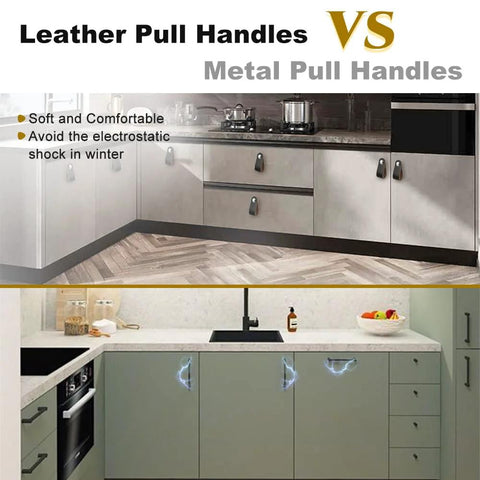 Comparison of leather pull handles vs metal pull handles on kitchen cabinets highlighting electrostatic shock prevention.