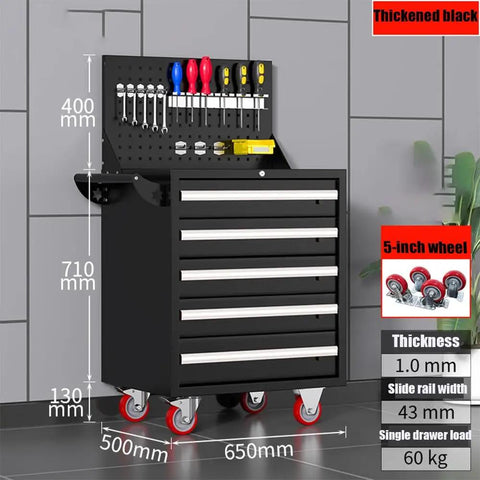 Five Drawer Rolling Tool Cart With Wheels And Keyed Lock Pegboard Included Boss Grade Heavy Duty Mobile Tool Chest On Wheels For Garage Workshop And Warehouse Durable Blue Finish, black steel, 650mm wide