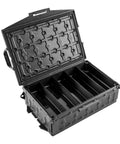 Open black storage box with compartments, part of TracPak Tray 1x3 Half Depth 2-Pack For Stackable Storage Boxes, Floating Tray System.
