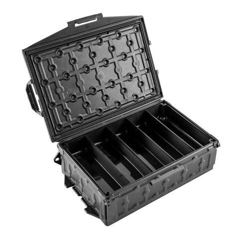Open black storage box with compartments, part of TracPak Tray 1x3 Half Depth 2-Pack For Stackable Storage Boxes, Floating Tray System.