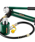 Front view of Newhai 20-ton hydraulic ram with cp-180 hand pump, pressure gauge, green porta power kit and hose