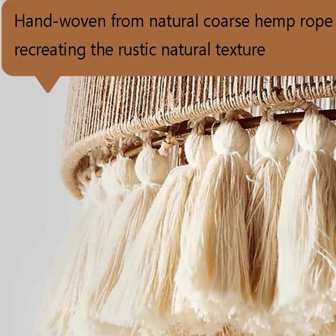 YAXDQUW Nordic Style Hemp Rope Pendant Light Hand‑Woven Cotton Tassel Shade Boho, close-up of textured tassel detail.