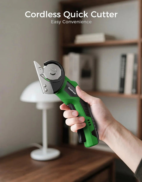 Person holding Cordless Cardboard Cutter With Rechargeable 4V Motor Electric Box Cutter Includes 2 Blades Safety Lock And LED Light
