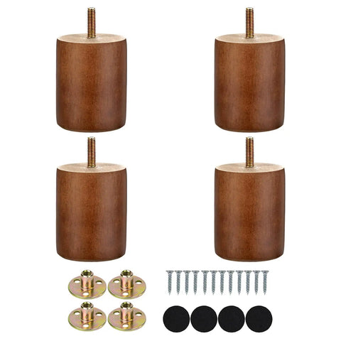 Solid Round Wooden Furniture Legs Set Of Four With Predrilled M8 Screw Threads For Diy Couch Dresser And Chair Swap To Level Up Your Home With Zero Hassle. Four 3-inch brown hardwood legs with predrilled mounts.