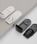 4 Pack Kid Safe Cabinet Locks Peel And Stick Drawer Latches No Drill Child Proof Clips in white and black on a gray background.
