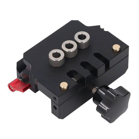 No Sweat Self Centering Dowel Jig Kit For Woodworking And Flat Pack Furniture Built Tough From Aircraft Grade Aluminum with drill holes.