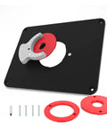 Universally Compatible Router Table Insert Plate Set with pre drilled holes for quick installation, showing black metal plate and rings.