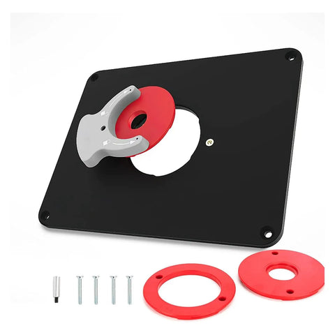 Universally Compatible Router Table Insert Plate Set with pre drilled holes for quick installation, showing black metal plate and rings.