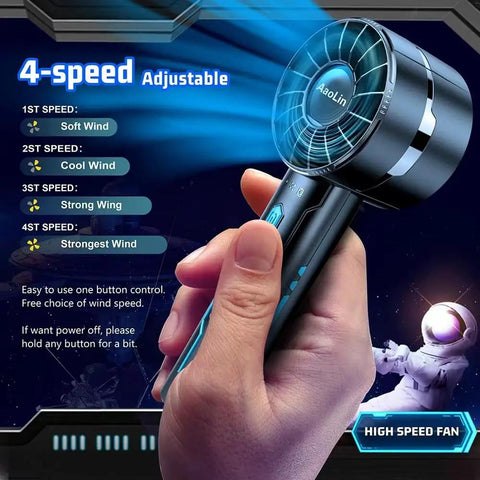 Hand holding 2 Pack Portable Handheld Turbo Fan With 7000rpm High Speed Motor USB Rechargeable with 4 speed settings
