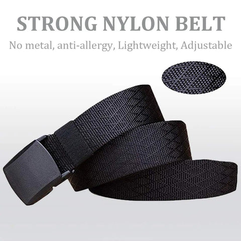 Mens Military Tactical Web Belt No Metal Buckle Nylon Webbing Black Adjustable From 28 To 42 Inches Hole Free Design Airport Friendly Hypoallergenic Comfortable Everyday Belt For Work Outdoor And Casual