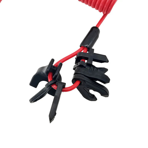 Universal Boat Kill Switch Key Set With Rugged Safety Lanyard Cord Replacement for various engines, black keys on red lanyard.
