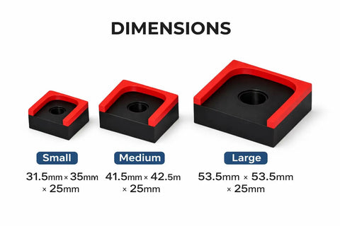 Dimensions of Built Tough Magnetic Ratchet Organizer Set, 3-Piece, showing small, medium, large holders in black and red.