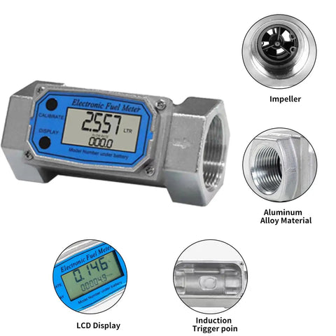 2 Inch Digital Turbine Flow Meter With NPT Thread for Water and Fuels, LCD display, aluminum build, impeller view.