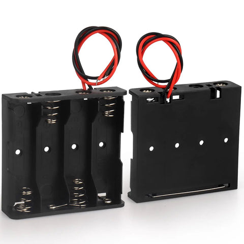 No Sweat 2 Pack 4 Slot AA Battery Holder With Tipped Leads, sturdy plastic housing, spring loaded, for DIY electronics.