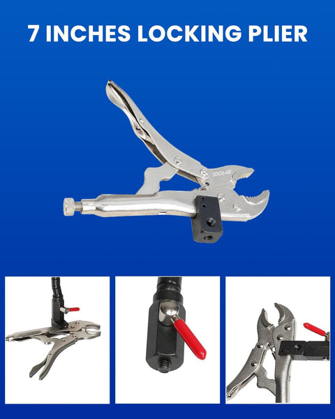 7-inch locking pliers with adjustable grip, metal finish, front and close-up views, Pro Grade Disc Brake Rotor Gauge accessory