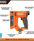 18V Cordless Crown Stapler with adjustable depth, front load magazine, and integrated LED spotlight for projects.