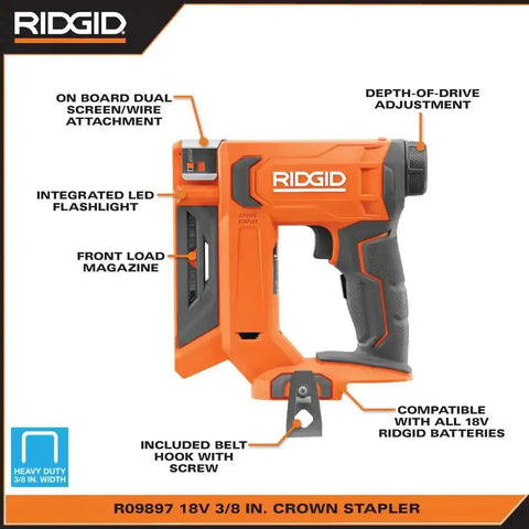 18V Cordless Crown Stapler with adjustable depth, front load magazine, and integrated LED spotlight for projects.