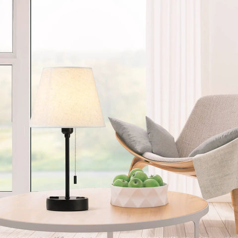 Set Of 2 Modern Nightstand Lamps With USB And AC Ports Great For Your Bedroom And Living Room Small Desk Lamps Ivory White Barrel Fabric Shade Silver Metal Base Linen Finish And Easy USB Charging For A Cozy Nighttime Vibe, lamp on table with chair and window view
