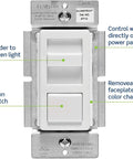 Straight Swap 0 10V LED Dimmer Switch Compatible With Mark 7 Ballasts And Hotels Featuring Ivory And Light Almond Faceplates Dead Easy Install Dual Voltage 120V 277V Wall Plate controls lighting with captive slider and push button.