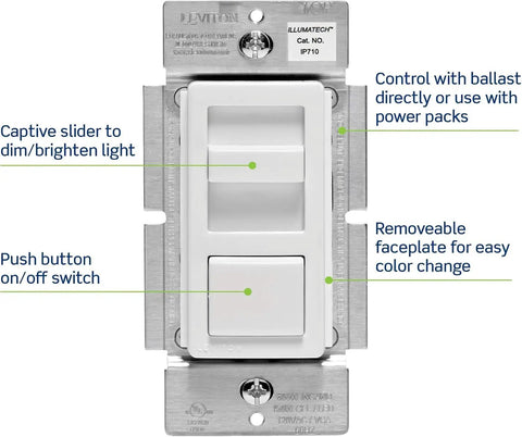 Straight Swap 0 10V LED Dimmer Switch Compatible With Mark 7 Ballasts And Hotels Featuring Ivory And Light Almond Faceplates Dead Easy Install Dual Voltage 120V 277V Wall Plate controls lighting with captive slider and push button.