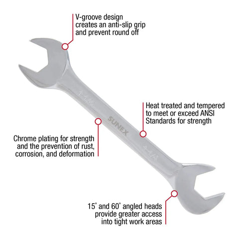 14 Piece Angle Head SAE Wrench Set With Full Polish Chrome Vanadium CRV, V-Groove Anti Slip Grip, 15 And 60 Degree Angled Heads